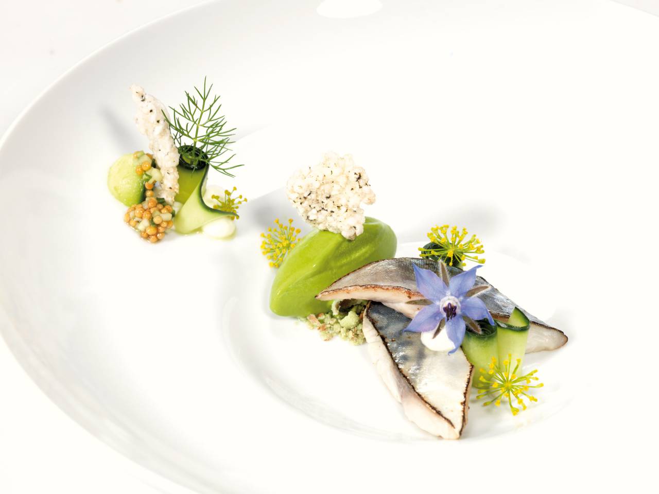 Fisch mit grüner paste auf weißen Teller